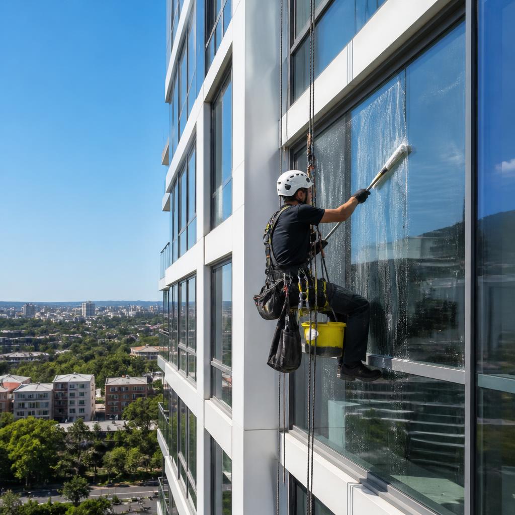 Intervention cordiste — nettoyage de vitres en hauteur — Copropriété à Vélizy-Villacoublay